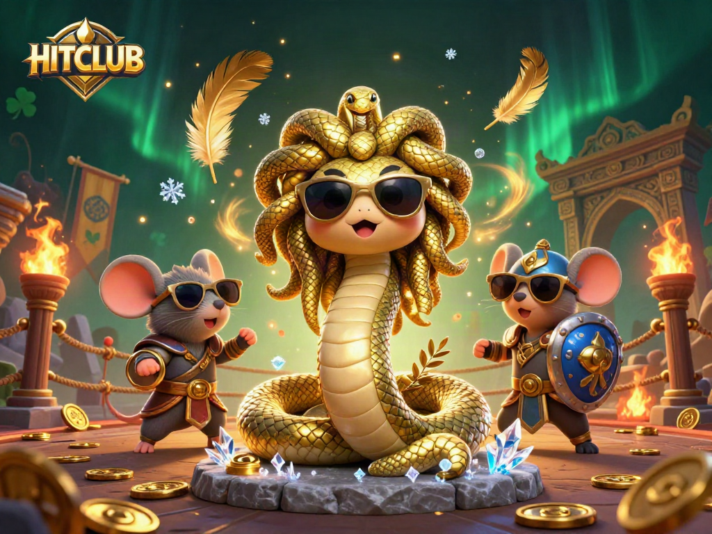 Win exciting prizes with HITCLUB in a vibrant 3D casino scene featuring engaging characters.