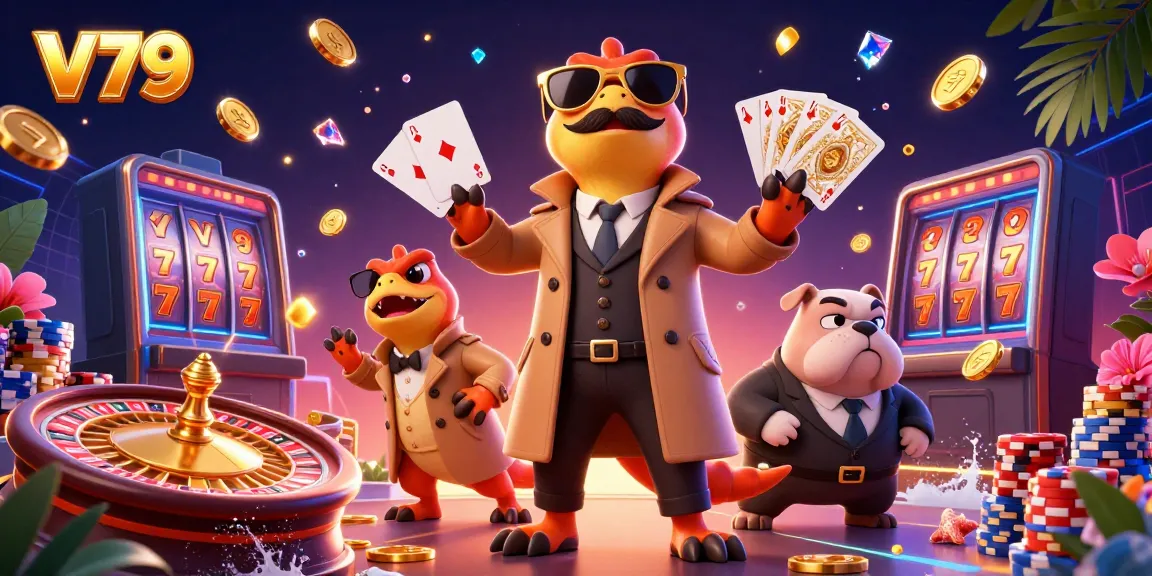 V79 offers an entertaining scene with raptors entering a casino VIP lounge amidst cascading coins and dynamic game elements.