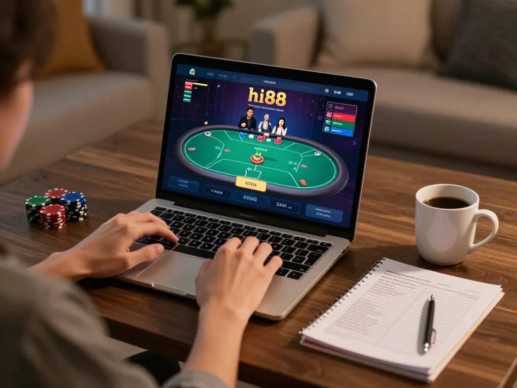 Player enjoying an exciting online poker game at hi88 on their laptop, demonstrating engaging gameplay action.