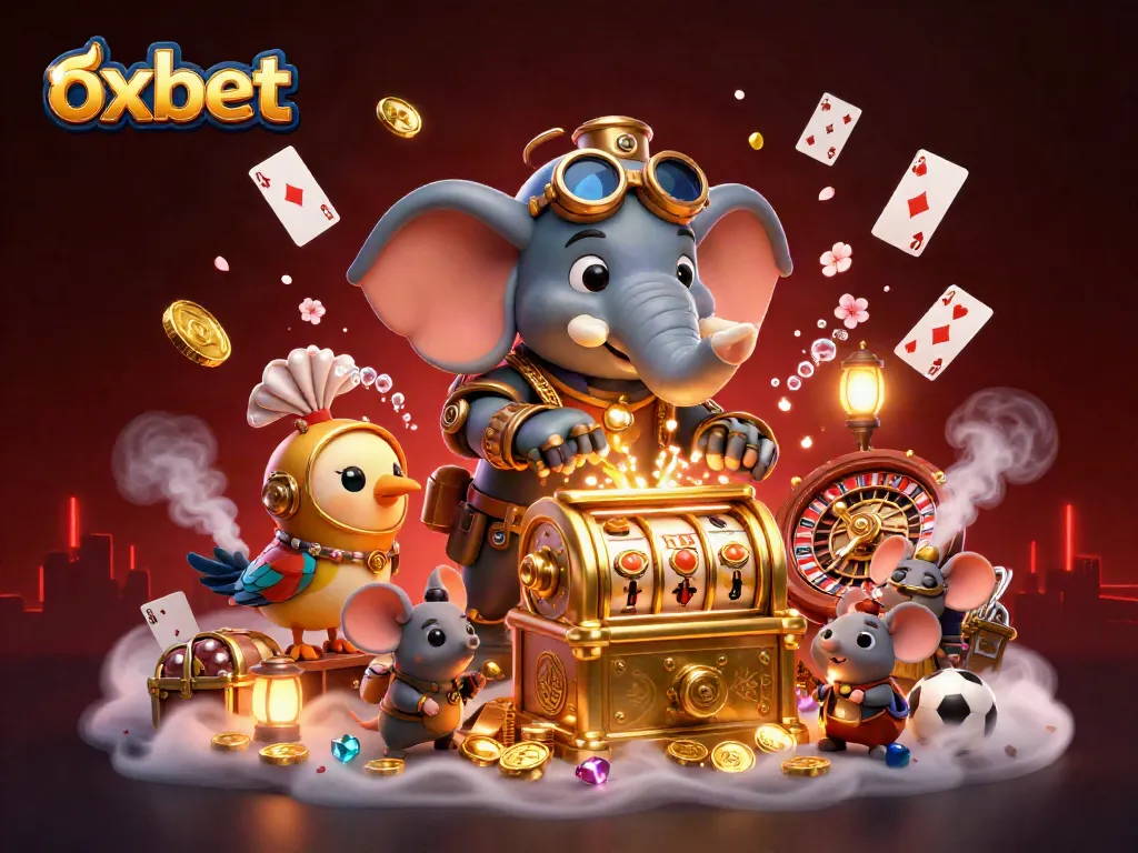 Engaging players at OXBET with a dynamic 3D casino scene including slots, cards, and vibrant game elements.