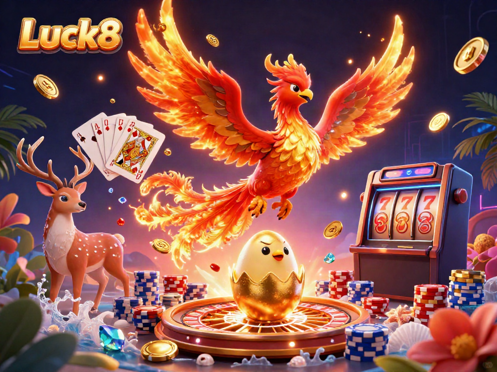 Experience exciting wins at Luck8 with a fire phoenix soaring amidst sparkling casino treasures.