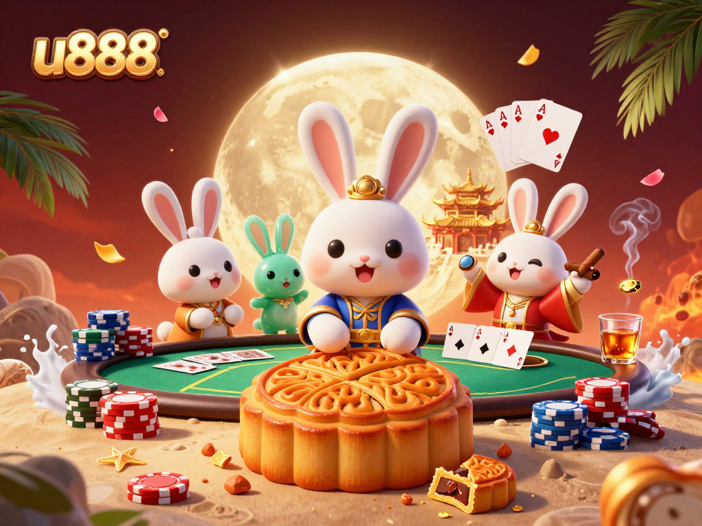 Play with u888 as cartoon moon rabbits reveal hidden poker chips in a dazzling casino scene.