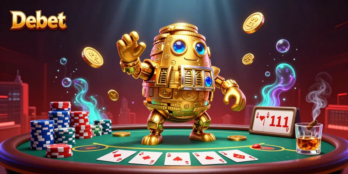 Engage in thrilling poker action with Debet's captivating golden golem showcasing poker elements.