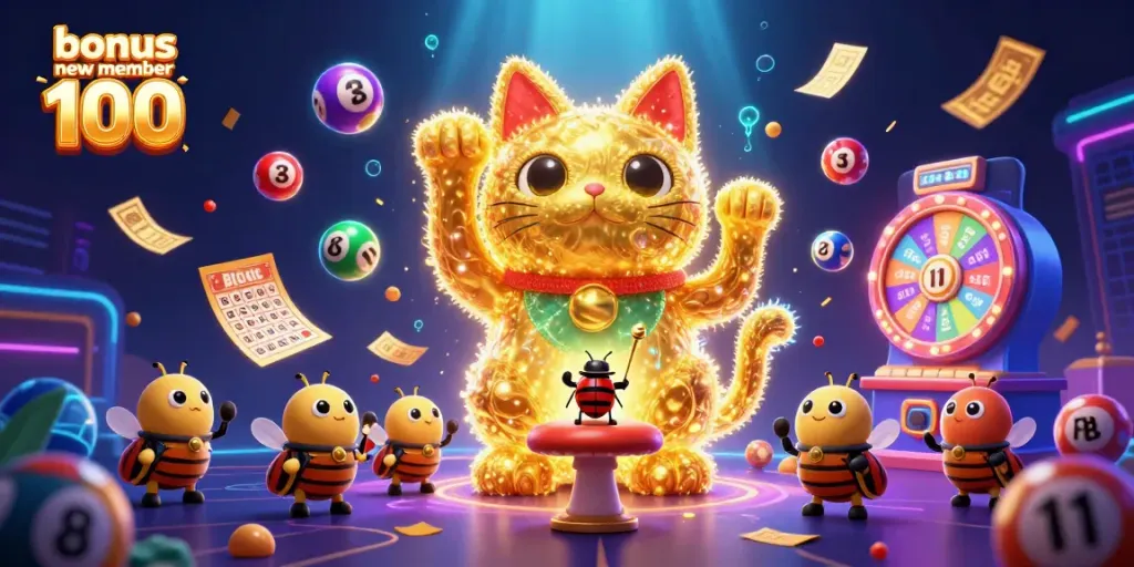 Dynamic scene showcasing bonus new member 100 with a lucky cat and colorful gambling elements.