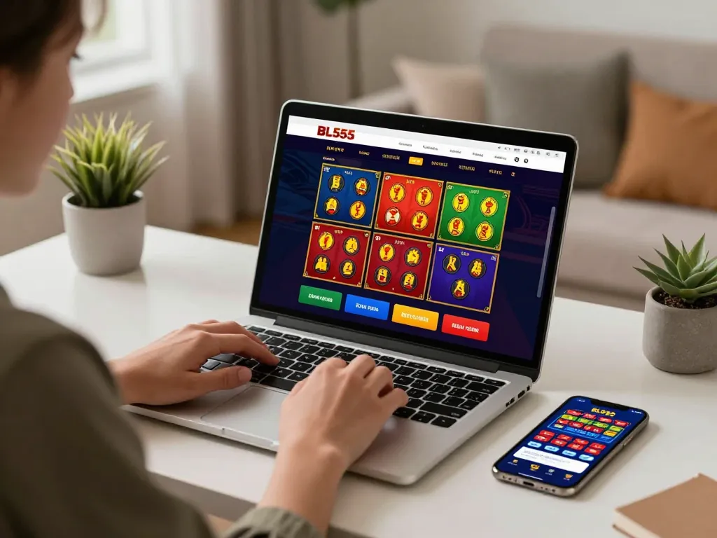 A person using the BL555 online gaming platform on a laptop, showcasing a vibrant casino experience.
