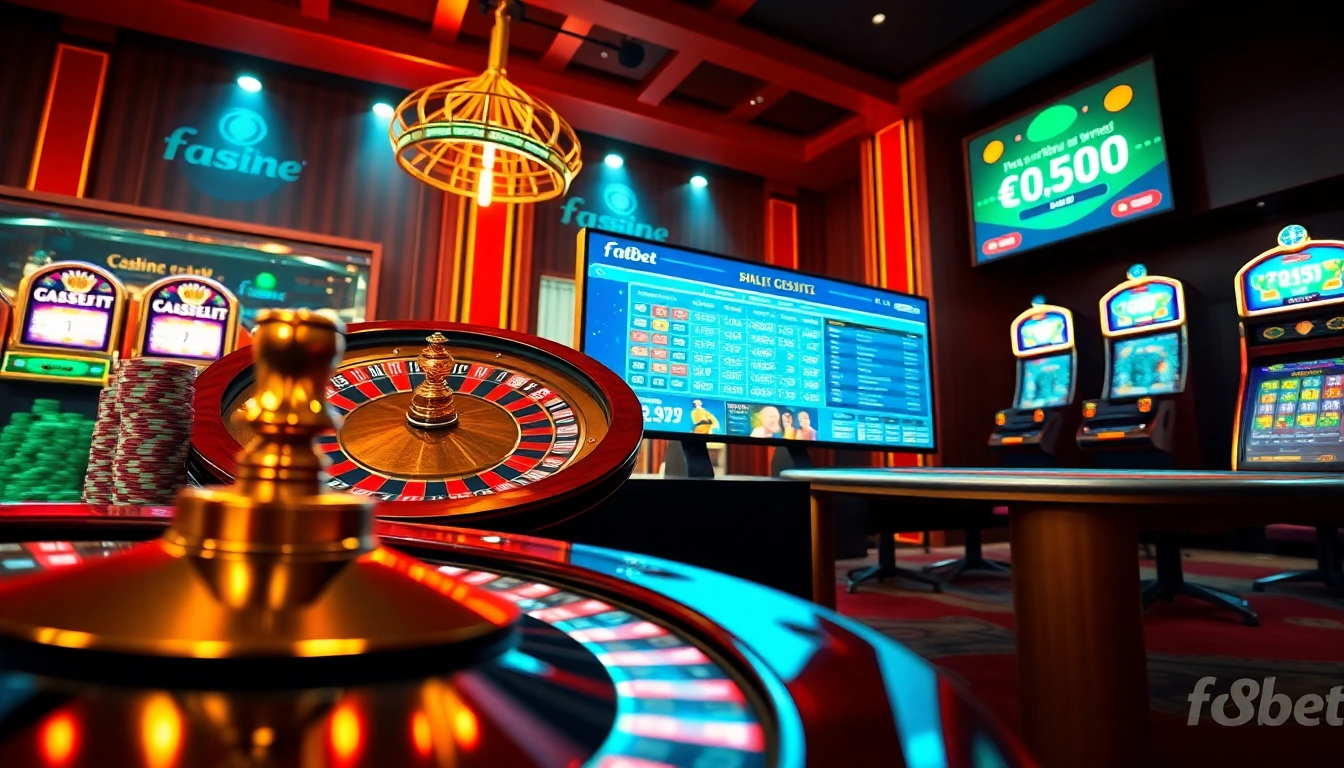 Experience the thrill of f8bet with a vibrant casino scene featuring roulette, poker chips, and colorful slot machines.