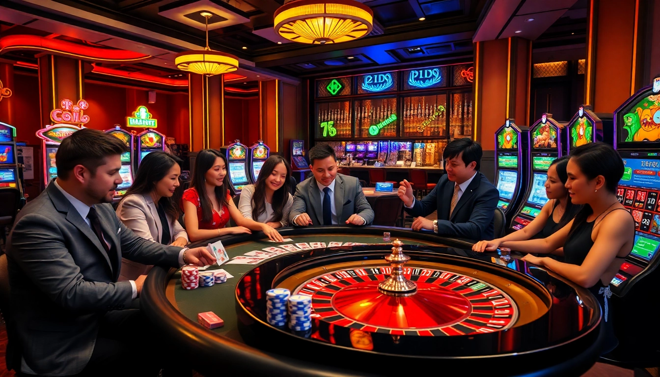 Experience thrilling gaming at XX88 with vibrant casino tables and engaged gamblers.