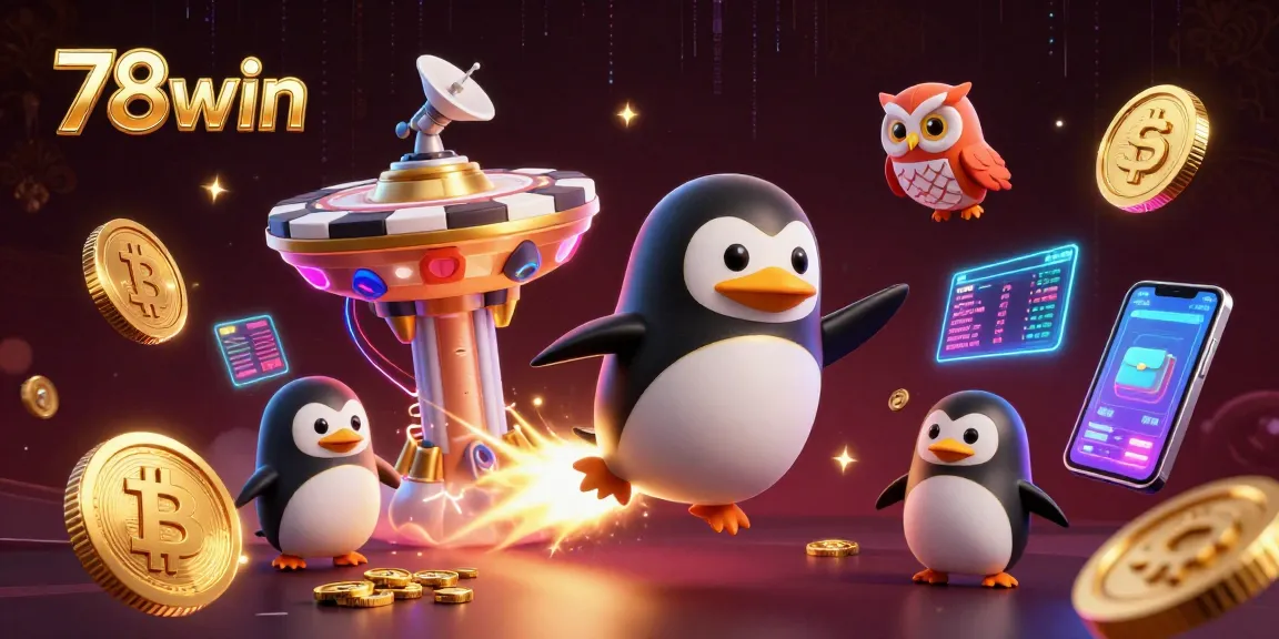 Engage in thrilling games at 78win with a spectacular golden penguin and casino elements.