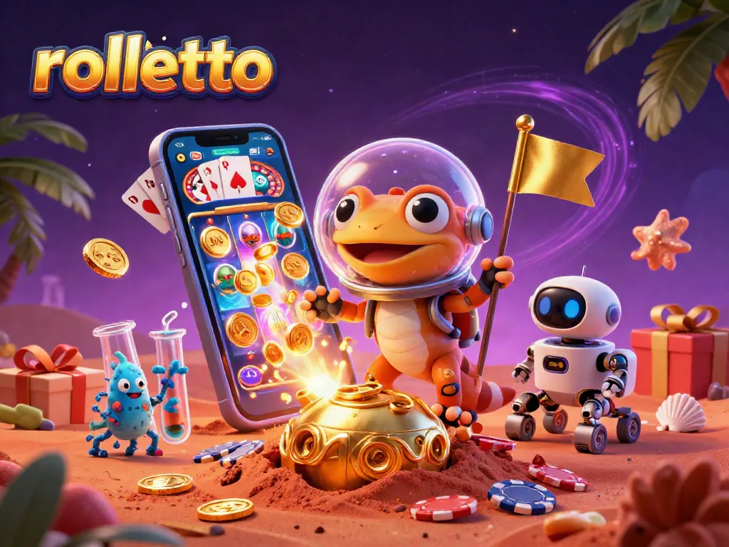 Spin and win at Rolletto, a vibrant casino scene with a Martian gecko discovering riches.