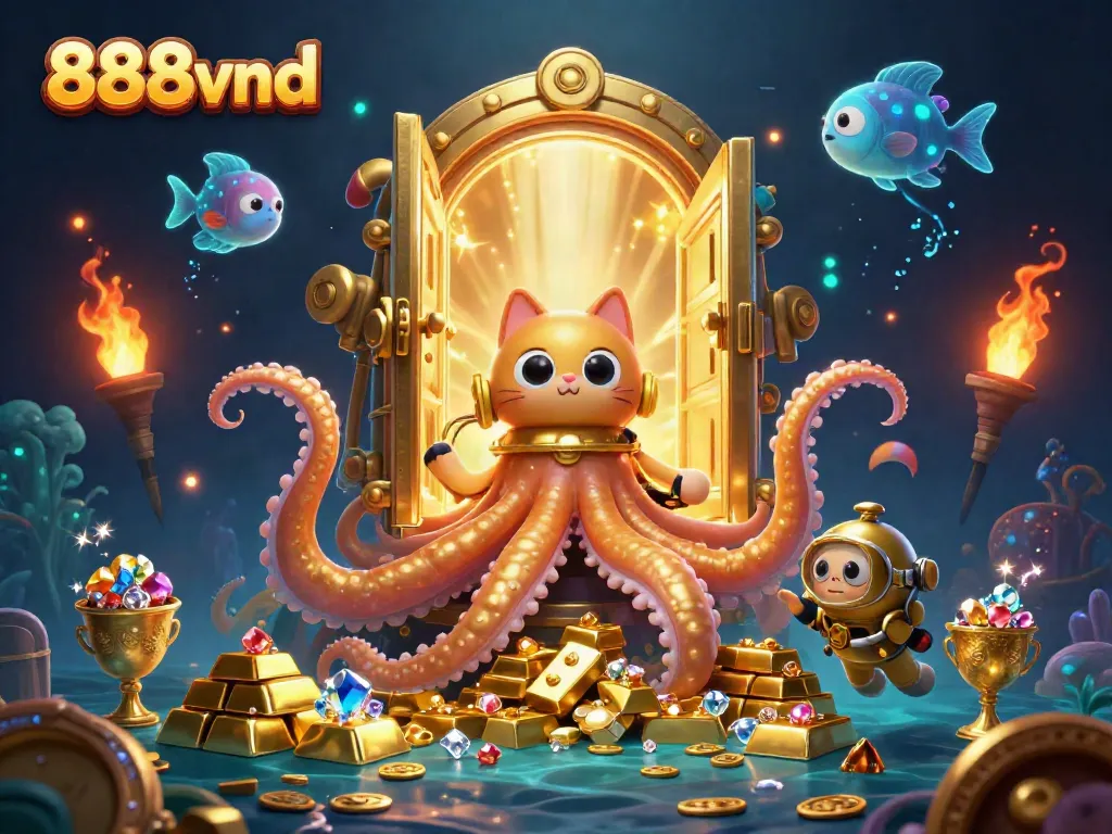 Engage with thrilling 888vnd action featuring a kraken and diving cat amidst treasure and casino elements.