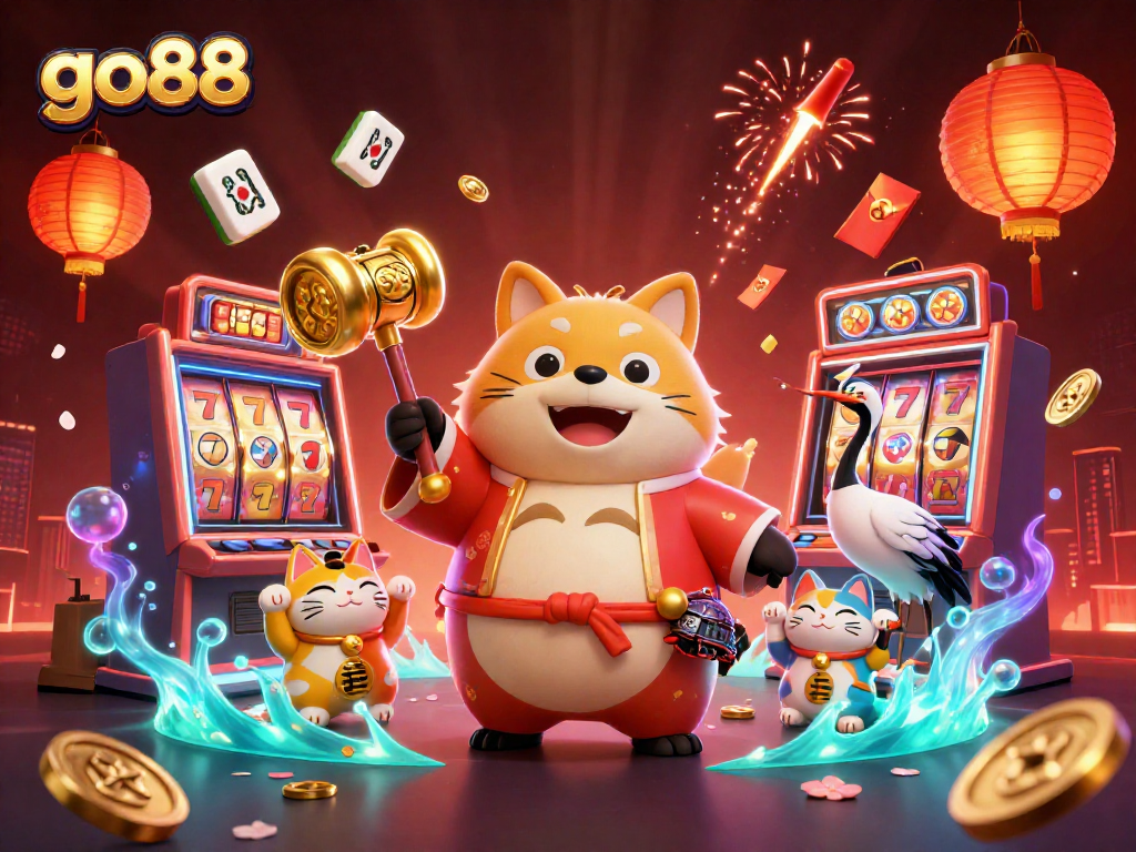 Engage with go88's festive casino fun with a cheerful tanuki and vibrant symbols.