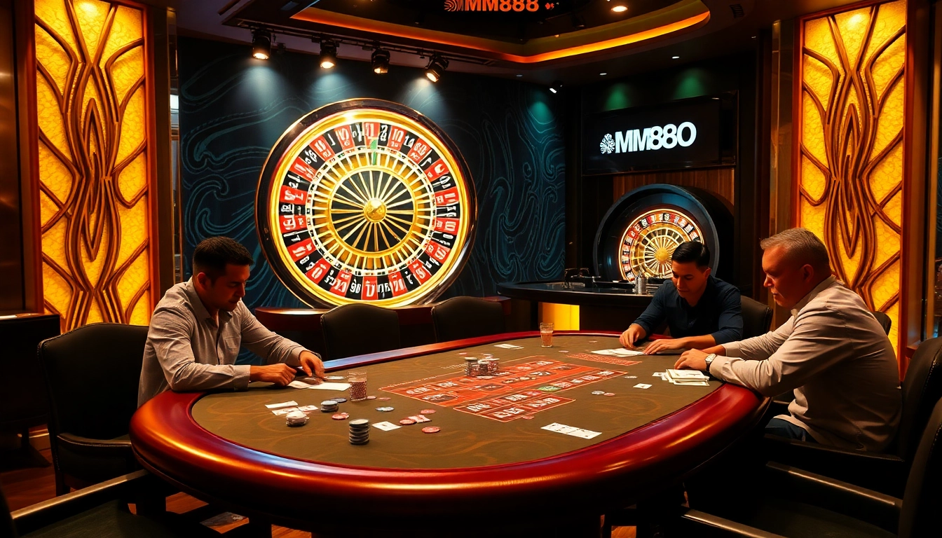 Experience the thrill of MM88 with players engaged at a high-stakes poker table amidst luxurious casino decor.