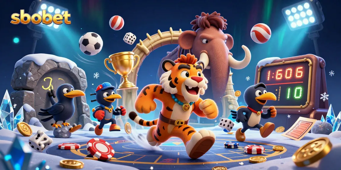 Engage in thrilling sbobet sports betting with a vibrant prehistoric casino scene featuring unique characters and dynamic elements.