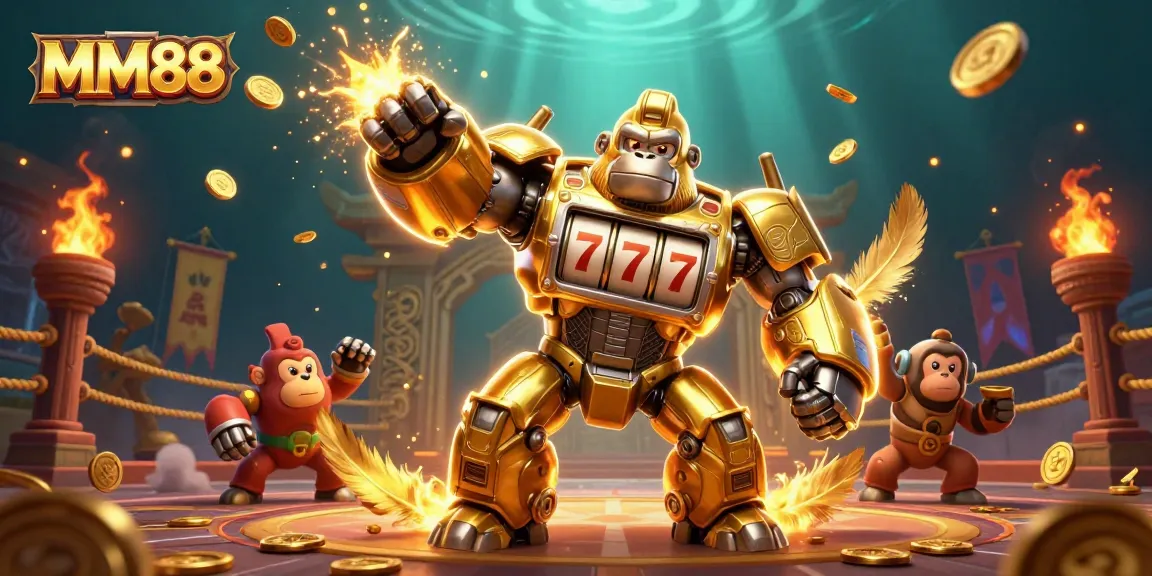 Engage in thrilling MM88 gaming adventures with a dynamic 3D illustration showcasing action-packed slot and casino elements.