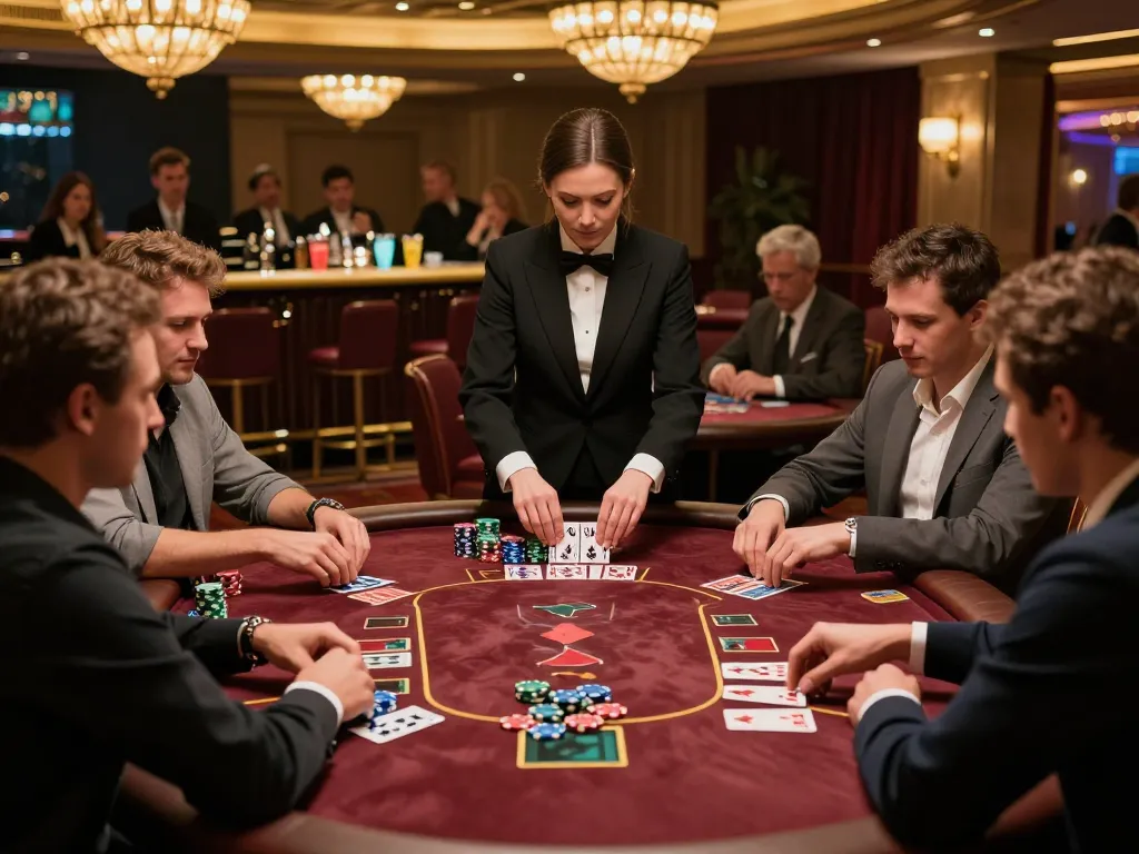 Players engaging in a high-stakes game of blackjack at a luxurious casino while managing their gk88 strategies.