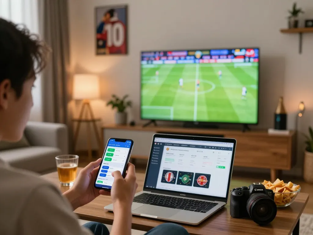 Enjoying live football betting on lương sơn tv with smartphone and laptop in cozy living room.