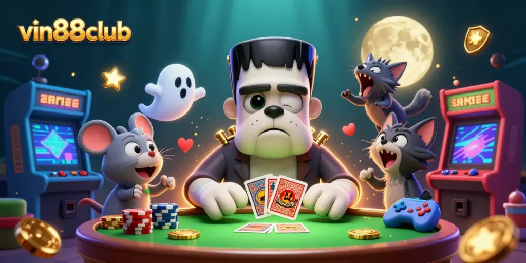 Engage with vin88club in a vibrant casino-themed illustration featuring fantasy characters and gaming elements.