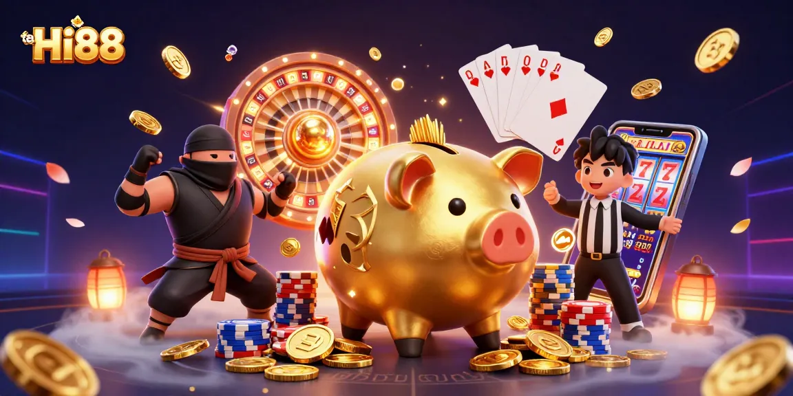 Gamble wisely at tại Hi88 with golden piggy bank, coins, and vibrant casino elements.