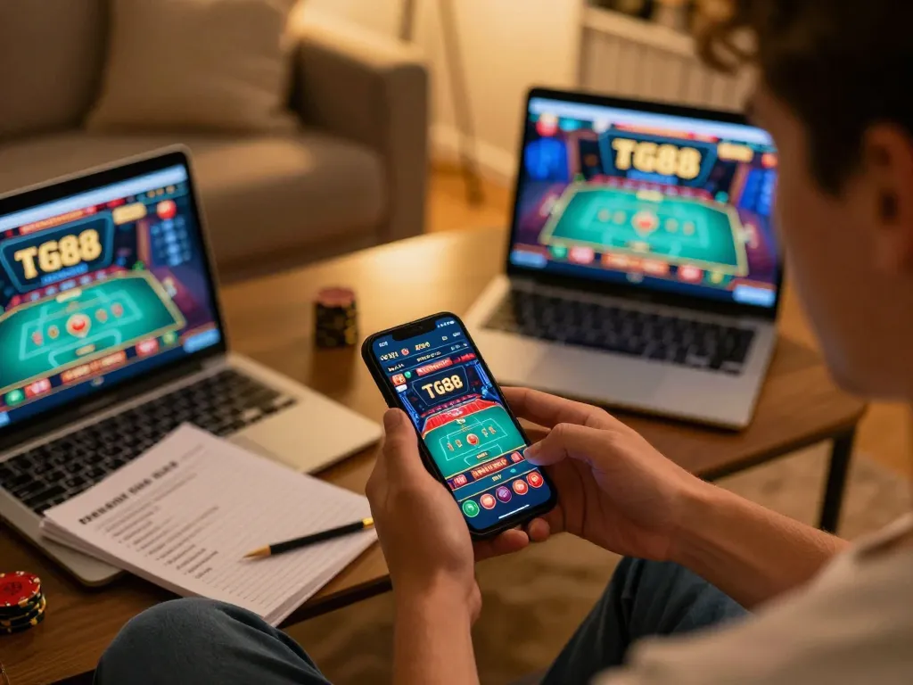Player using tg88 app on smartphone for an engaging online casino experience at home.