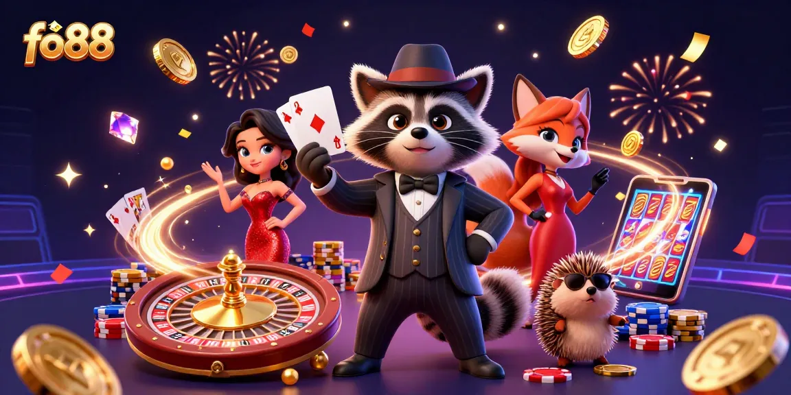 Experience exciting gameplay at Fo88 with a raccoon holding a royal flush and vibrant casino elements.