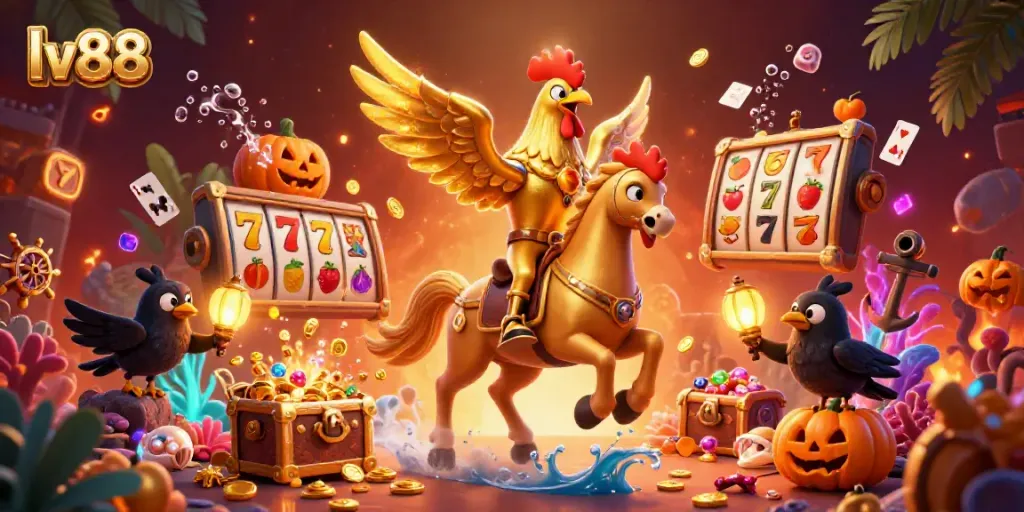 Experience the thrilling atmosphere of lv88 with a golden rooster and lively casino elements.