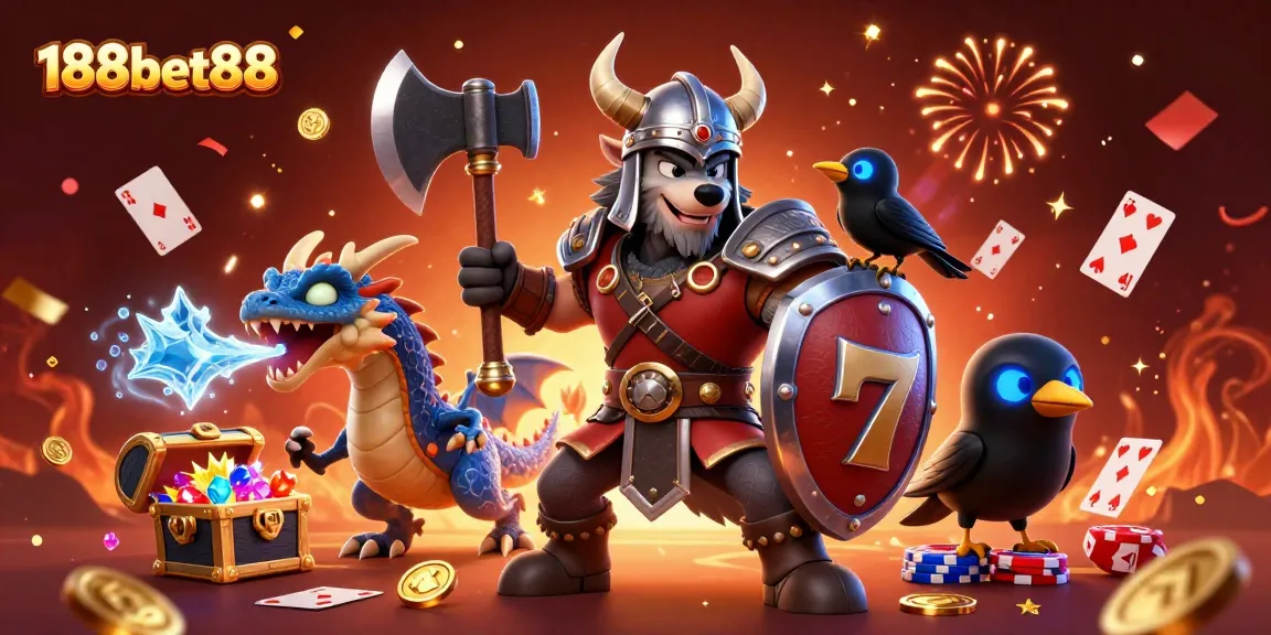 Bet with 188bet88 while enjoying a colorful 3D gaming scene filled with poker chips and slot reels.
