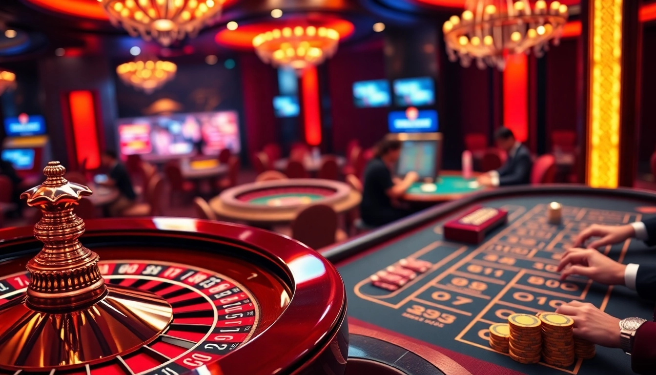 Exciting Jun888 casino scene highlighting gaming tables and poker chips.