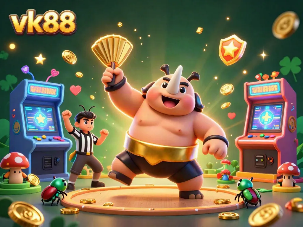 Experience the excitement of vk88 with a dynamic casino scene featuring a sumo beetle and gold coins.