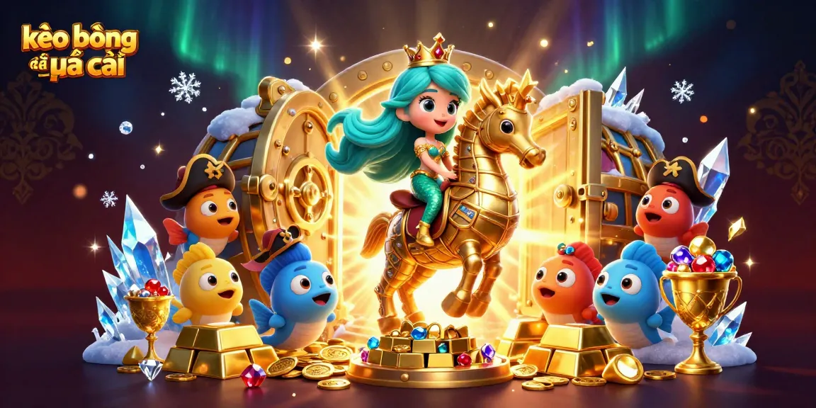 Bet on kèo bóng đá nhà cái with 3D characters celebrating victory in a treasure-filled scene.