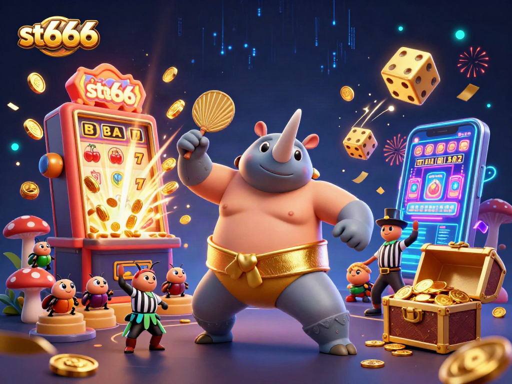 Engage with st666's thrilling jackpot explosion featuring a cartoon rhinoceros beetle champion stomping gold coins.