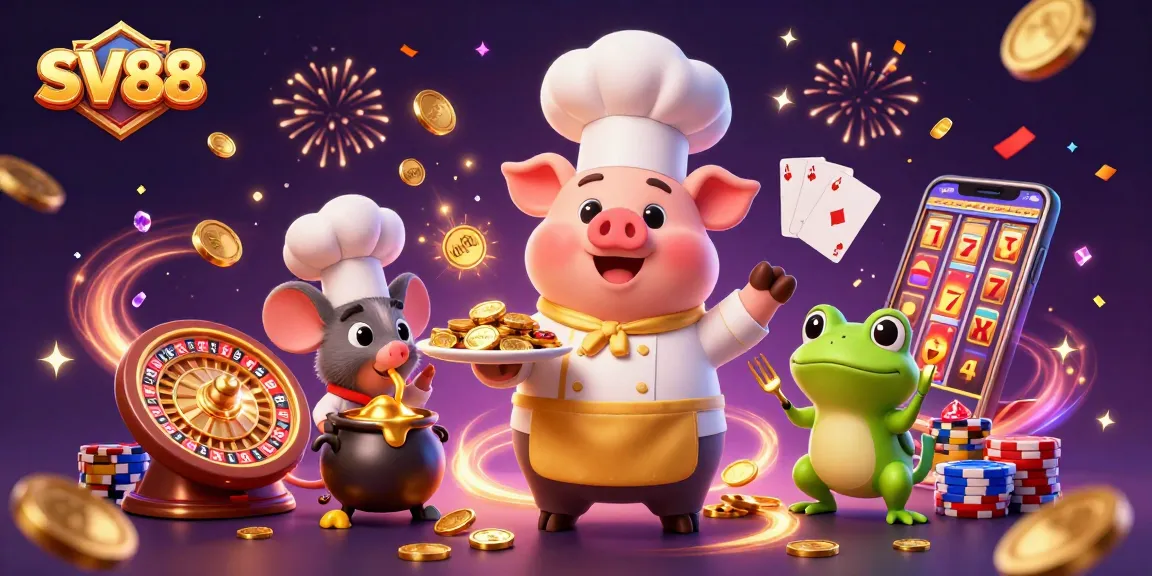 SV88 celebrates with a gourmet platter of gold coins amidst dynamic casino elements.