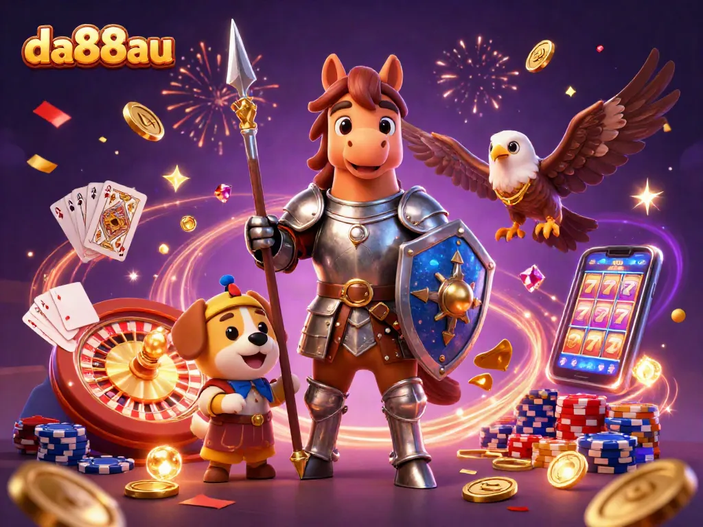 Experience thrilling wins with da88au in this dynamic casino-themed illustration featuring knights and treasures.