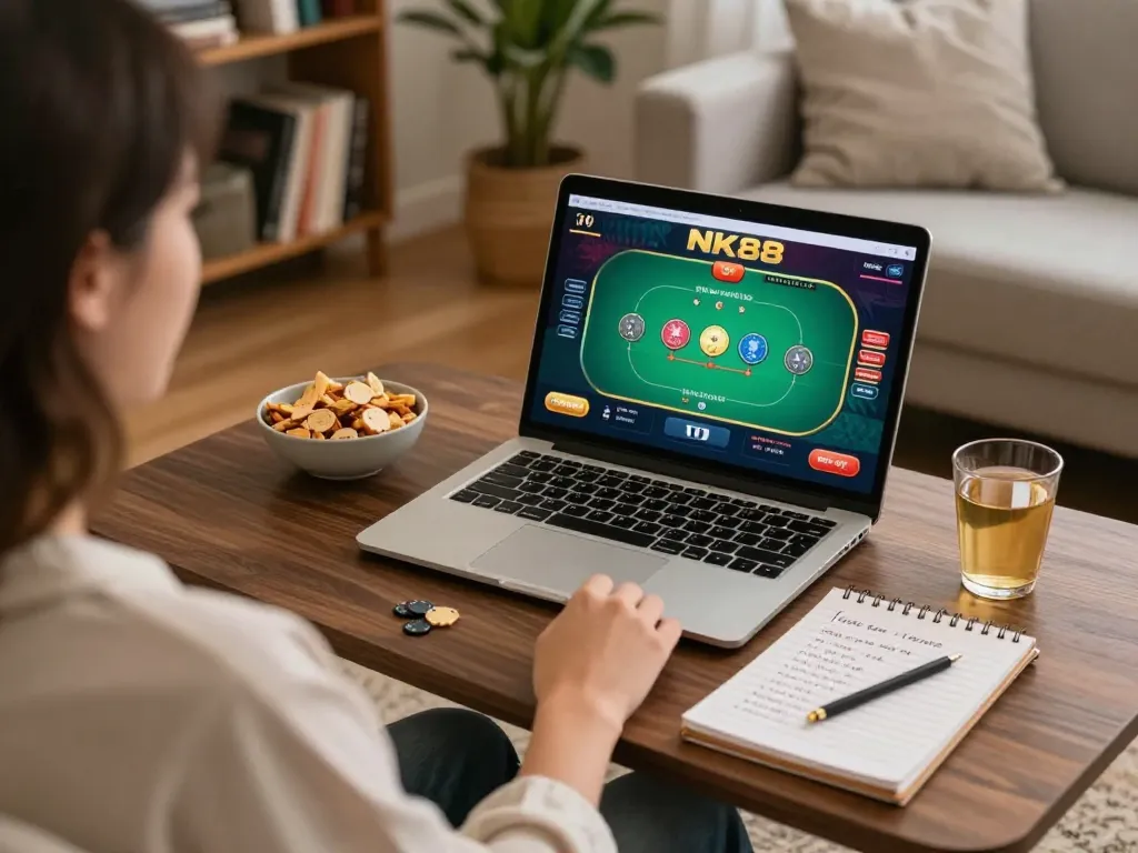 Experience NK88 online gaming with a player focused on a thrilling poker game setup at home.