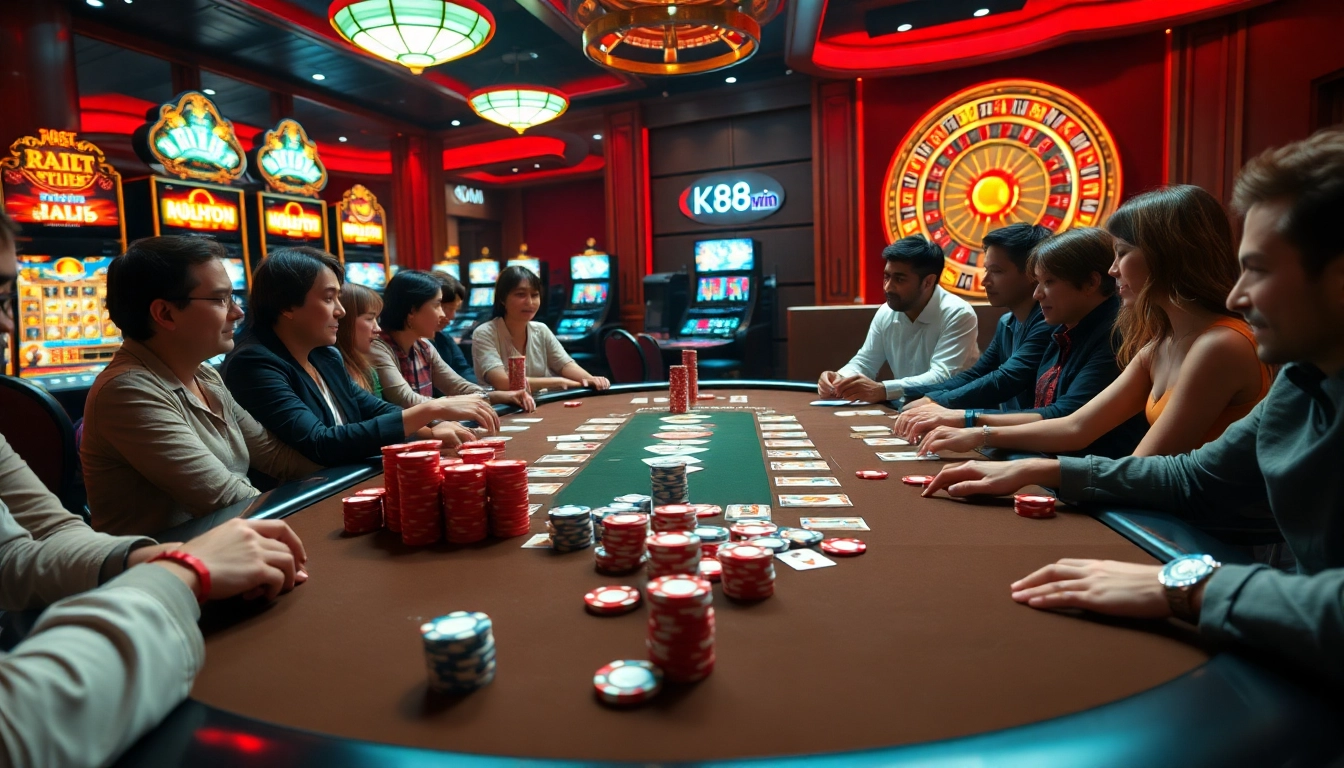 Players enjoying poker at k88win’s premium casino table with vibrant chips and cards.