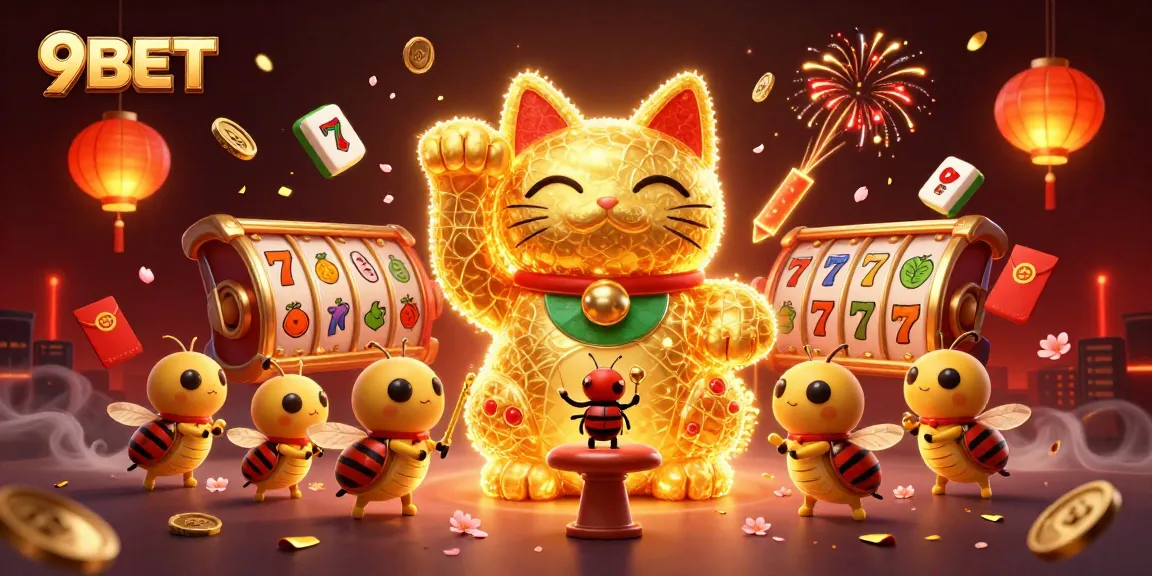 Engage with 9BET's vibrant casino atmosphere featuring a lucky cat and dynamic slot symbols.