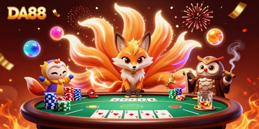 Experience thrilling gameplay at DA88 with colorful characters and vibrant casino elements in this dynamic illustration.
