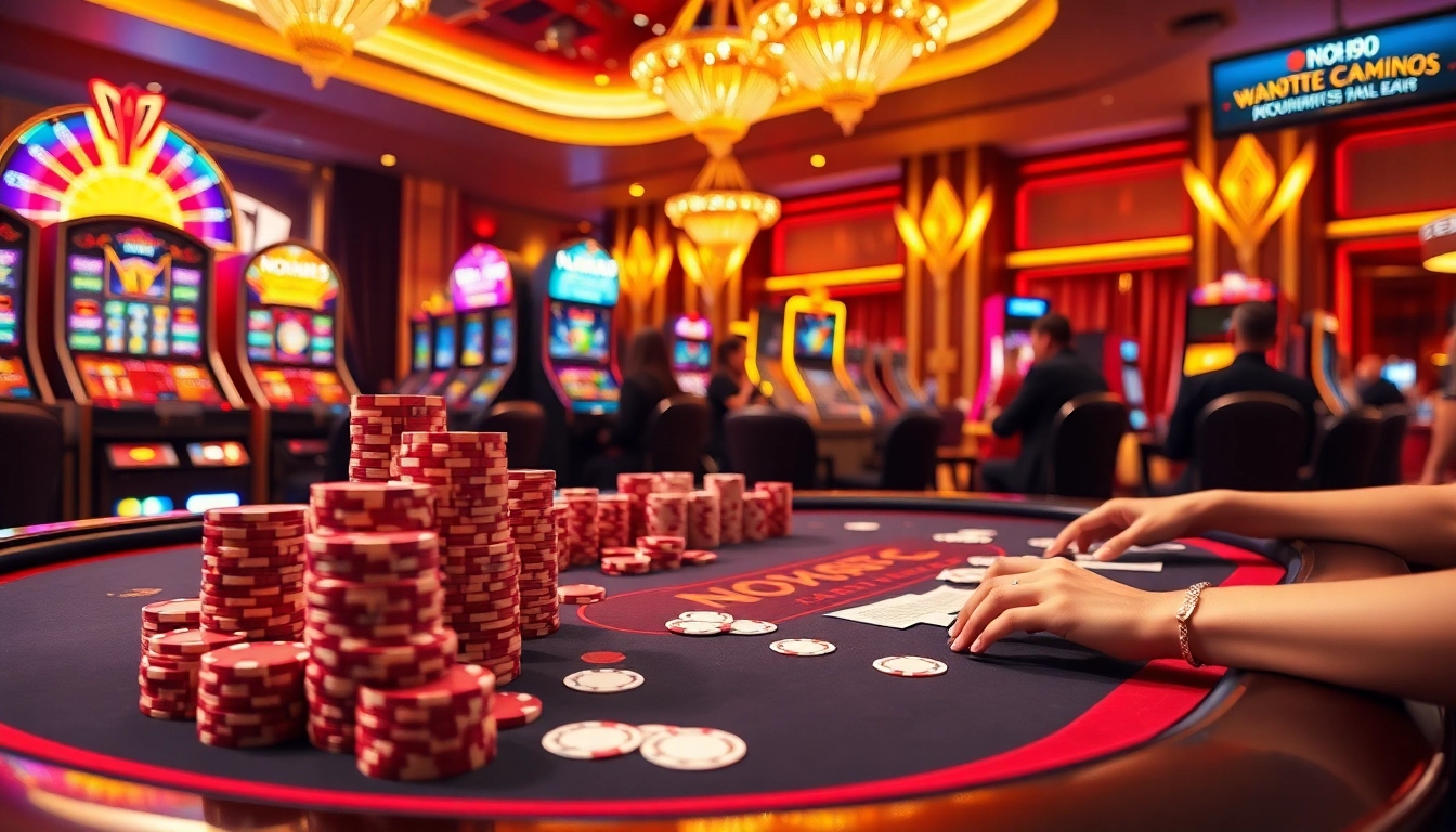Players enjoying a poker game at NOHU90, highlighting the casino ambiance and vibrant betting scenes.