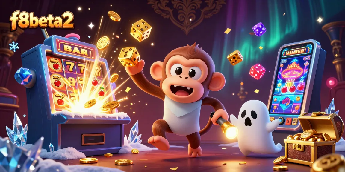 f8beta2's enchanted casino scene featuring a mischievous poltergeist monkey and ghost-hunter puppy amidst a jackpot explosion.