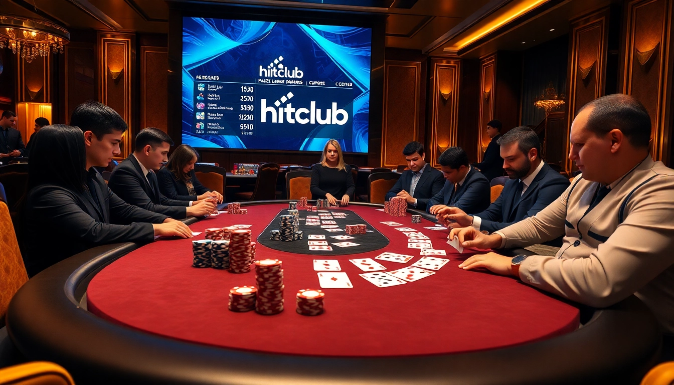 Experience the excitement of hitclub with players enjoying high-stakes poker at a luxurious casino table.