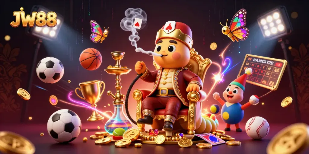 Experience thrilling games at JW88 with dynamic sports elements and casino symbols in a vibrant illustration.