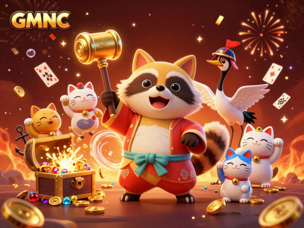 Play and win at GMNC with cheerful tanuki and lucky charm characters in a vibrant casino scene.