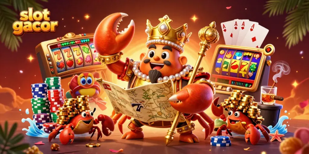 Menyaksikan slot gacor dengan karakter kepiting emas raksasa dan chip kasino yang memukau.