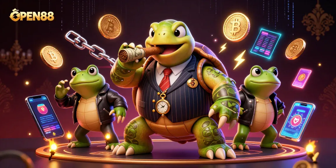 Engage with OPEN88's vibrant 3D casino scene featuring charismatic characters and dynamic crypto elements.