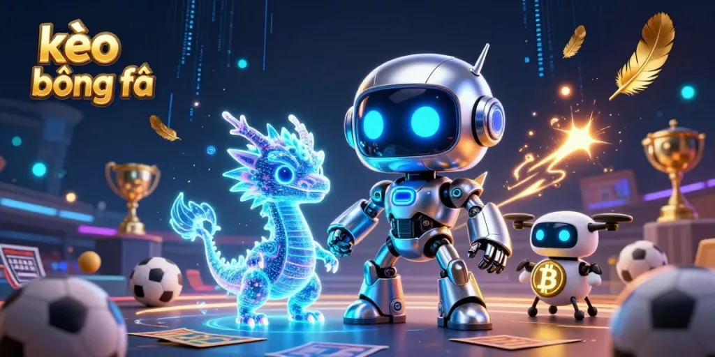 Engage in kèo bóng đá with a vibrant scene featuring a cyberpunk robot and AI drake amidst sports betting elements.