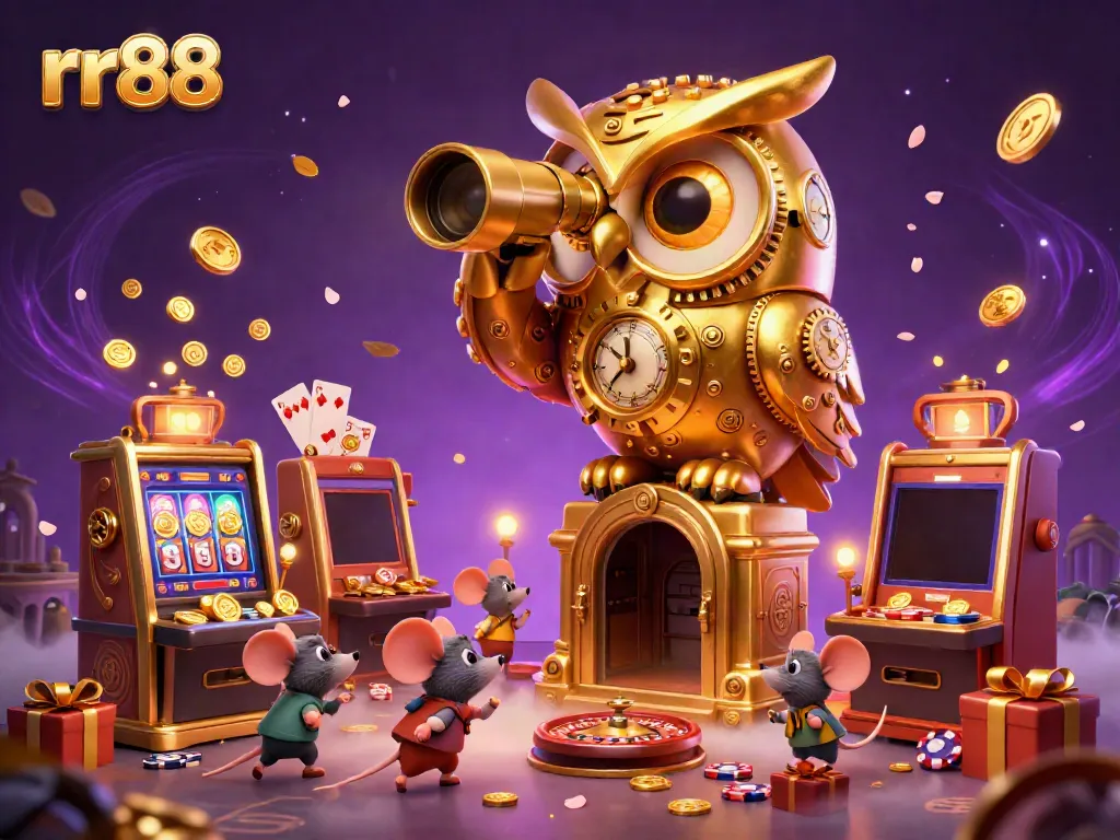 Experience the excitement at rr88 with a clockwork owl and mouse patrons amidst jackpot games.