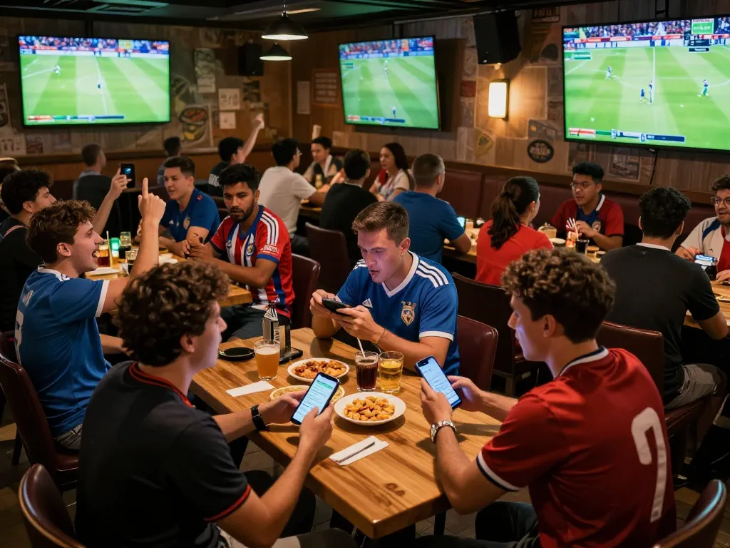 Socolive fans engaging with live soccer betting apps at an excited sports bar atmosphere