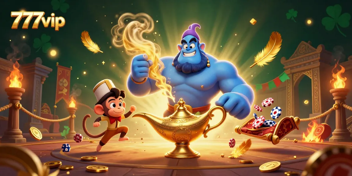 Join the magic of 777vip with a vibrant cartoon scene of a genie, monkey, and flying poker chips.