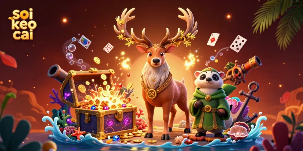 Experience the excitement of soi keo nha cai with vibrant characters and floating gaming elements in a magical setting.