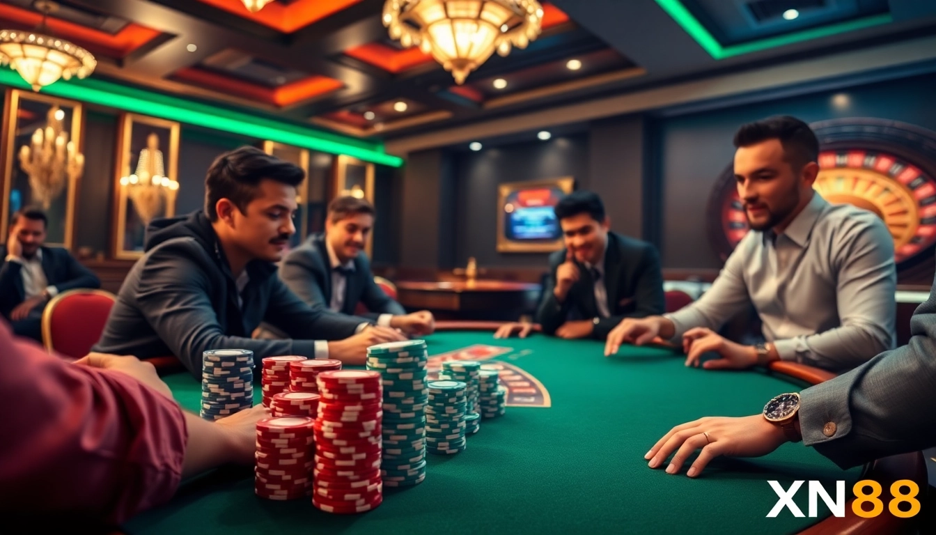 Players enjoying intense poker action at XN88 casino, surrounded by vibrant poker chips and a roulette wheel.