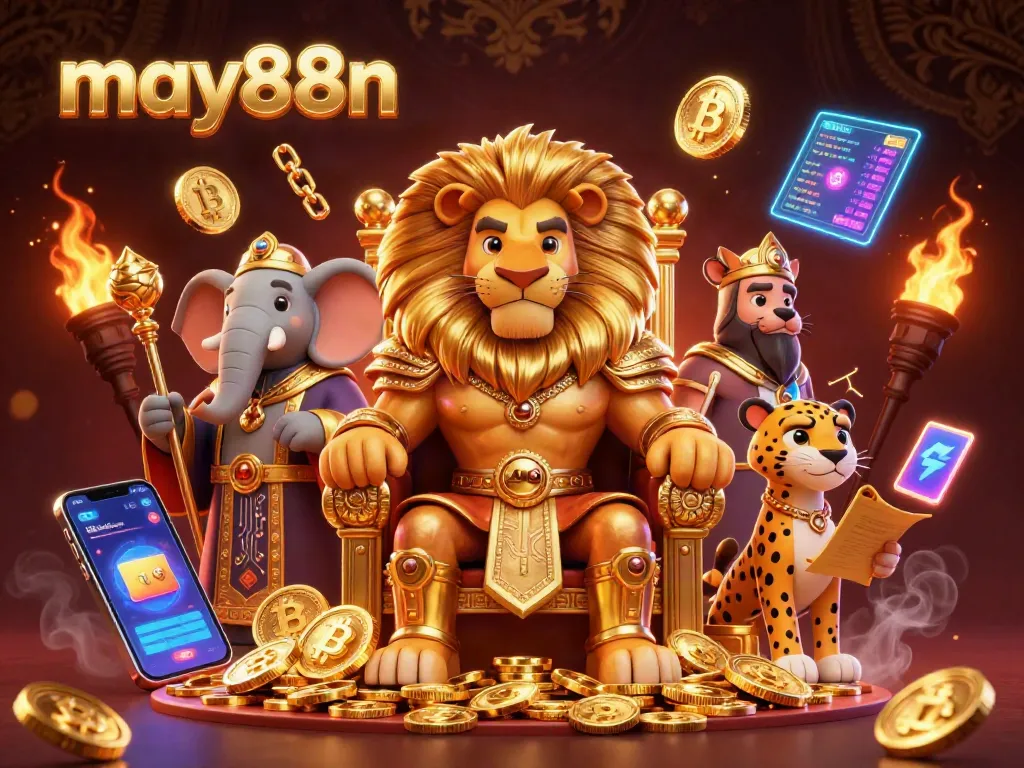 Engage with may88n's stunning lion king and advisors in a vibrant casino scene full of surprises.